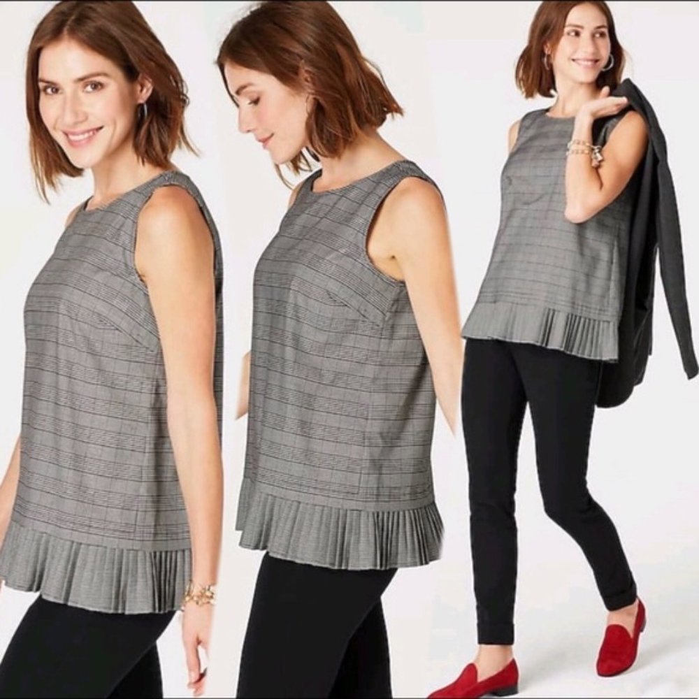 J.Jill NWT $69 Black + cream plaid ruffle hem shell blouse Large tall LT